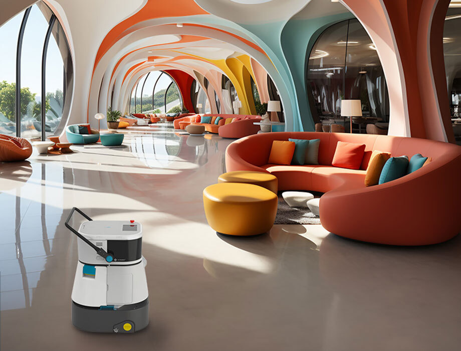 Co-botic 45 intelligent robotic scrubber-dryer cleaning a hotel lobby